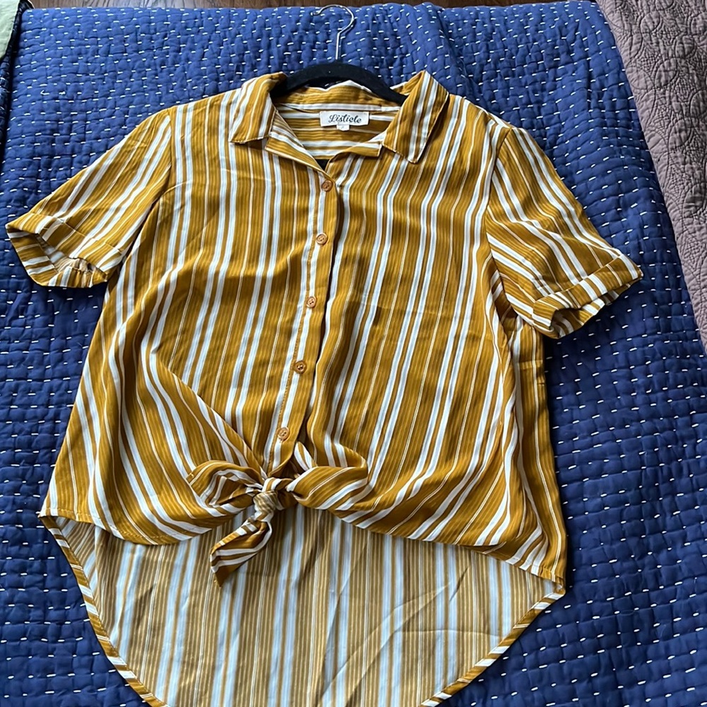Mustard striped tie front button down top